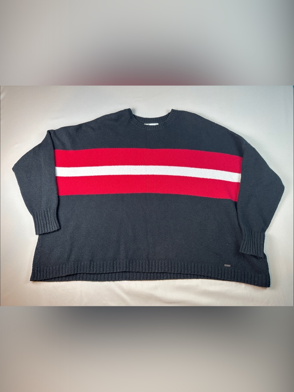 Hollister Women’s Navy Crewneck Sweater Oversized Red and White Stripes